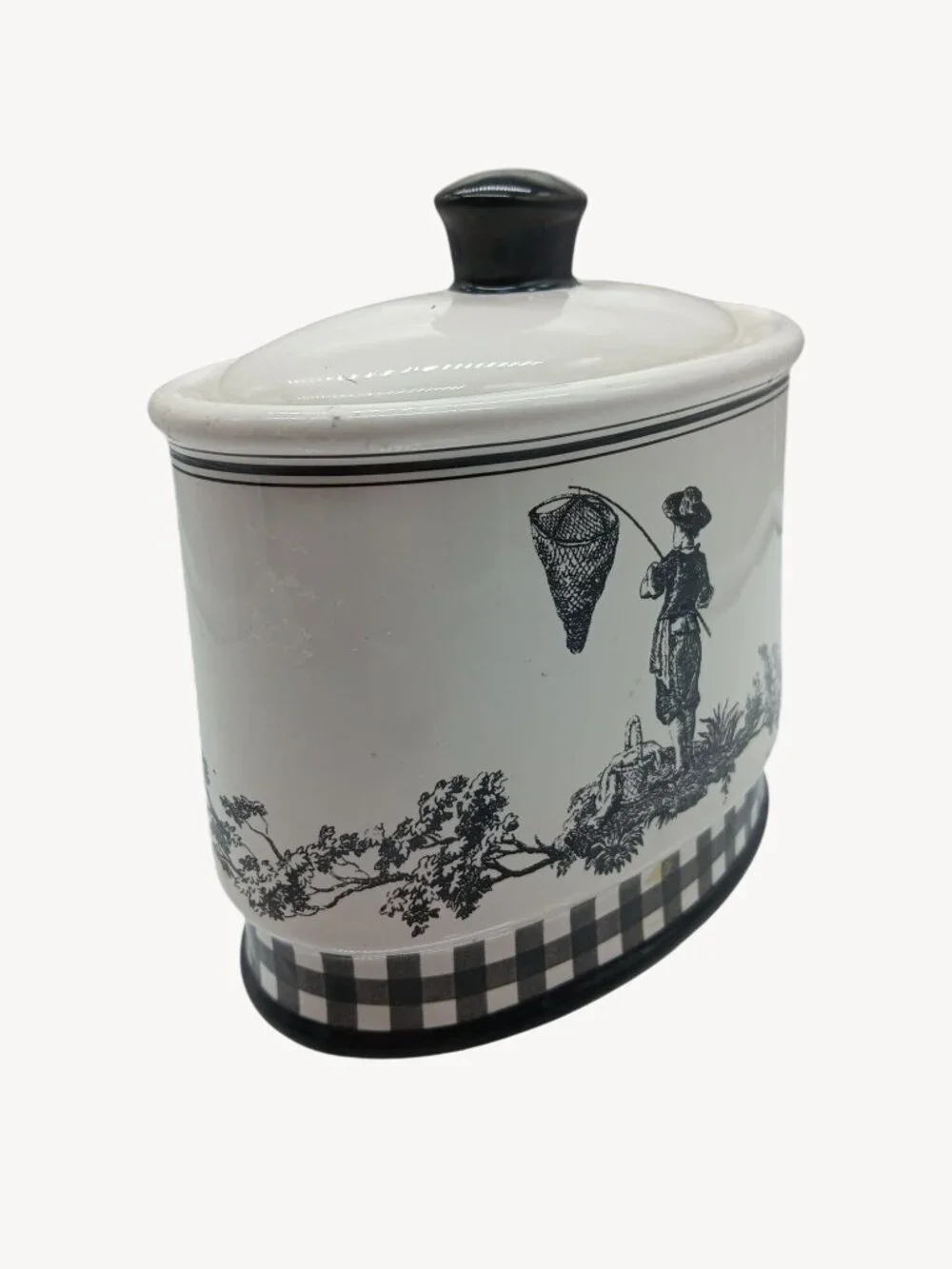 Vintage Waverly County Life Ceramic Lid Container Black White Toile Small Bath